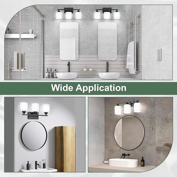 Black Bathroom Lights Over Mirror, Anti-rust Vanity Light Fixture for Bathroom, Modern 3-Light Wall Sconce Light for Living Room, Standard E26 Base, Milky White Glass Shades, Bulbs Not Included