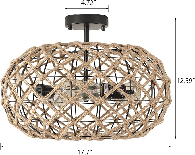 3-Light Large Coastal Woven Flush Mount Ceiling Light Fixture 17.7 inch Boho Rustic Handmade Hemp Rope Round Cage Semi Flush Mount Ceiling Lighting for Bedroom Entry Farmhouse Hall Beach, Black