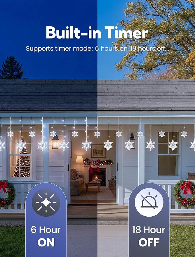 Christmas Snowflake Icicle Lights,8.2 FT 144 LED Snowflake Lights Outdoor with Timer,8 Modes Waterproof Connectable Christmas Light Plug in for Curtain Eave Window Indoor Outdoor Decor(White)