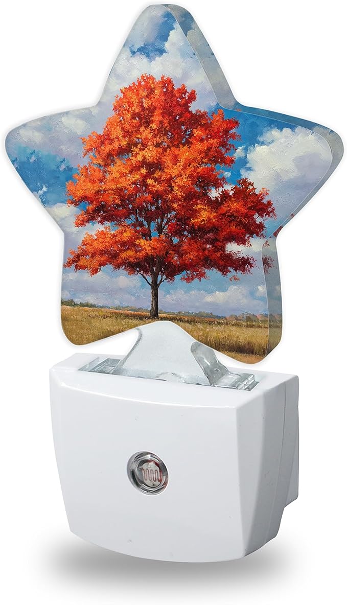 Maple Tree Decorative Nightlight Plug in Wall,Red Leaves Star Shaped Night Light with Built in Sensor for Home Decor,Kitchen Hallway Stairs Desk Lamp