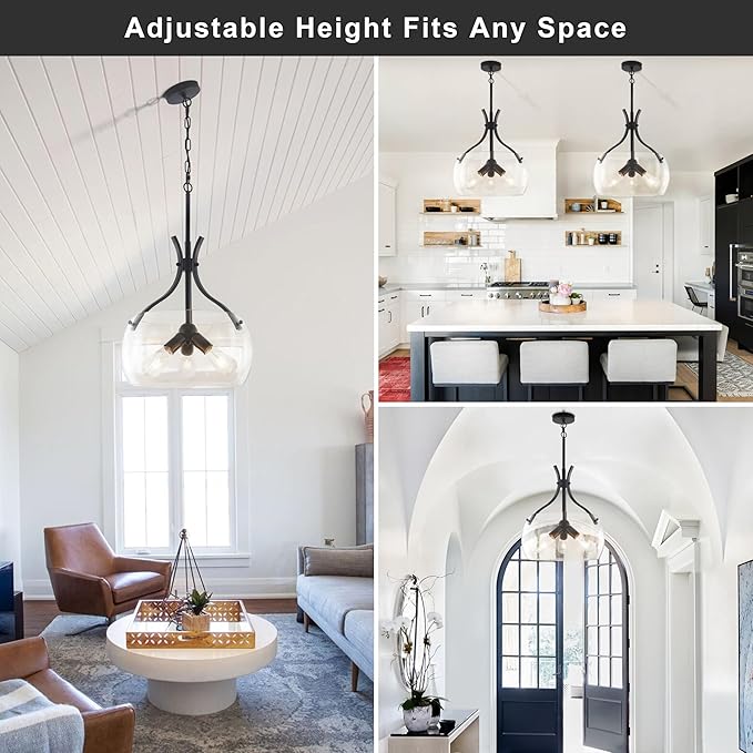 15.7" Glass Chandelier,3-Light Modern Black Chandelier with Clear Glass Shade,Farmhouse Round Hanging Light Fixture for Dining Room Kitchen lsland Hallway Foyer