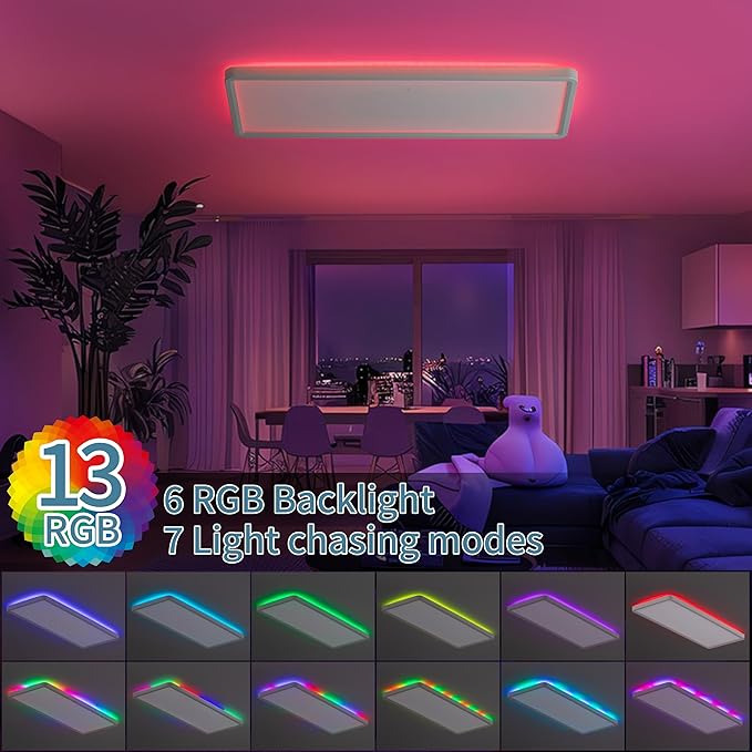 23 Inch RGB LED Flush Mount Ceiling Light with Remote, Close to Ceiling Light Fixture, 32W+7W Backlight, 3200LM Dimmable Color Changing Low Profile Rectangle, White, for Bedroom Kids Room Party
