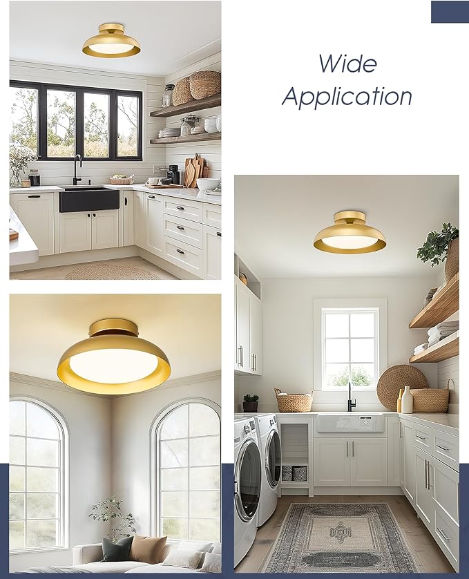 kudos Gold Ceiling Light 2PK, 12 Inch LED Semi Flush Mount Ceiling Light Fixture, 12W/700Lm Ceiling Lights for Kitchen, Bathroom, Hallway, 3000K/4000K/6000K Adjustable,KDCL01-GD-2PK