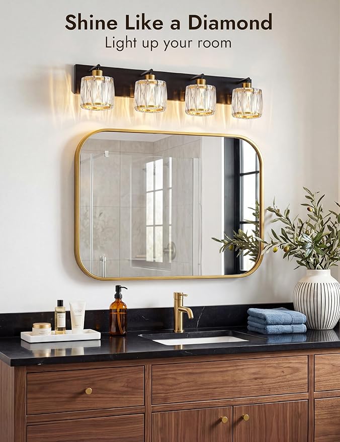 VOLISUN Crystal Vanity Lights for Bathrooms, 4 Light Bathroom Vanity Light, Black and Gold Bathroom Light Over Mirror, Modern Bathrooms Lights Fixtures-UL Certificated(Exclude Bulb)