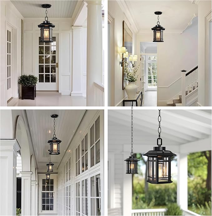 WIHTU Dusk to Dawn Outdoor Pendant Lights for Porch,Anti-Rust Aluminum Exterior Hanging Light Fixture with Adjustable Chain,Farmhouse Chandelier Ceiling Light for Entryway Garden Patio(Bulb Included)
