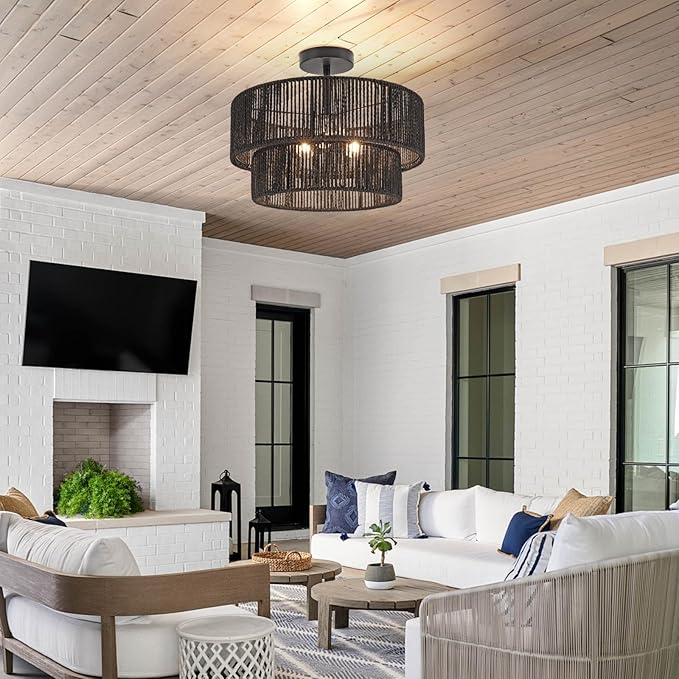 15.7'' Black Boho Light Fixtures Ceiling Mount Coastal Hemp Rope Semi Flush Mount Ceiling Light Fixture 3-Light Rattan Light Fixtures with 2-Tier Drum Shade for Dining Room Kitchen Entry