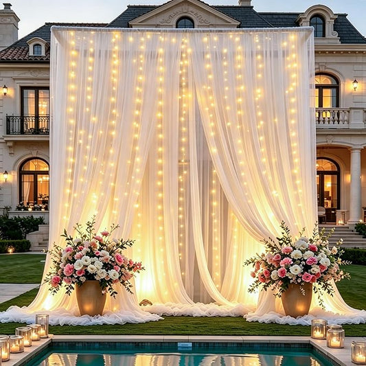 10×10ft White Tulle Backdrop Curtains with Lights String for Wedding Parties Sheer Backdrop Curtain Backdrop for Engagement Bridal Baby Shower Birthday Party Home Decoration 5ft×10ft, 2 Panels