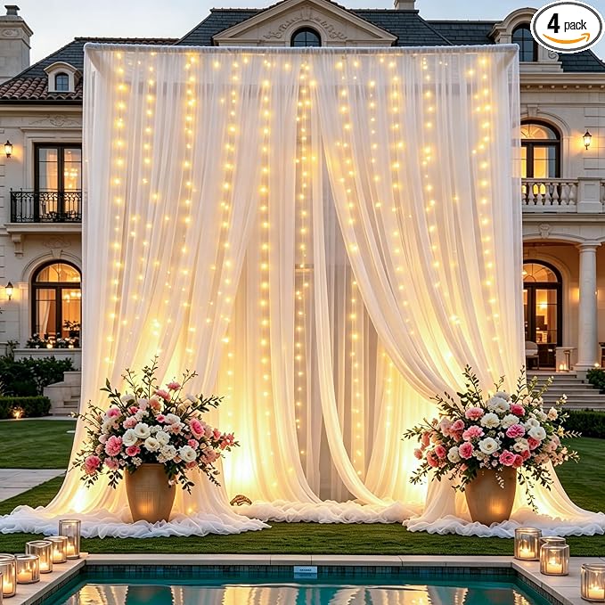 20×10ft White Tulle Backdrop Curtains with Lights String for Wedding Parties Sheer Backdrop Curtain Backdrop for Engagement Bridal Baby Shower Birthday Party Home Decoration 5ft×10ft, 4 Panels