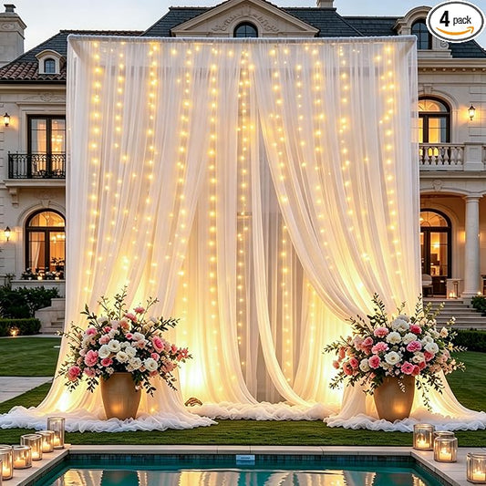 20×10ft White Tulle Backdrop Curtains with Lights String for Wedding Parties Sheer Backdrop Curtain Backdrop for Engagement Bridal Baby Shower Birthday Party Home Decoration 5ft×10ft, 4 Panels