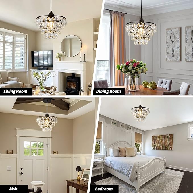 Modern Crystal Chandelier Light Fixtures, Mini Crystal Chandelier Ceiling Light Small, Raindrop Pendant Lighting, Black Ceiling Lamp Hanging Lights for Bedroom Bathroom Closet Hallway Kitchen Island