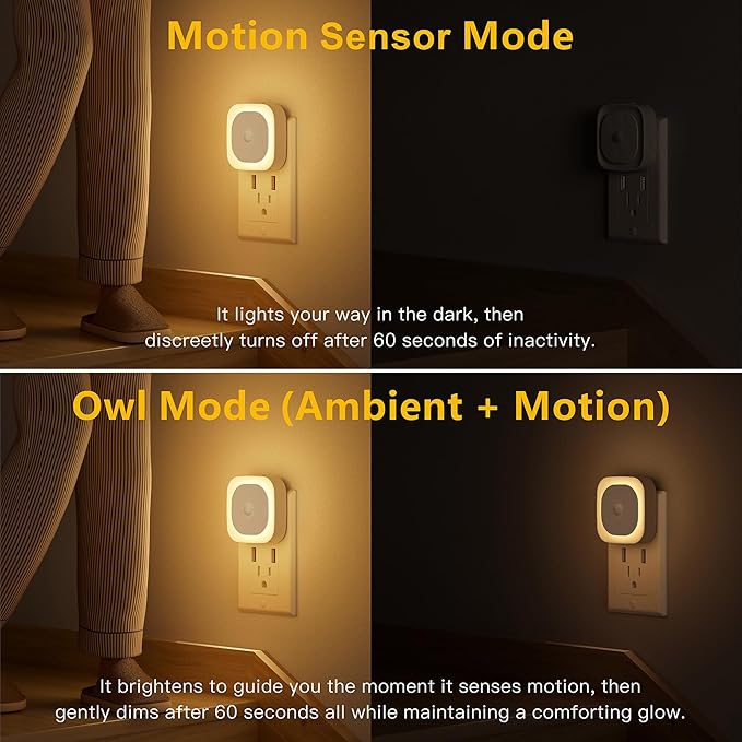 YUNLEX 2 Pack Plug in Night Light with Motion Sensor & Dusk to Dawn Sensor, 3 Sensor Modes, Dimmable, Reflected Light, Warm White Nightlight for Living Room, Bathroom, Hallway, Stairs, as Mother Gifts