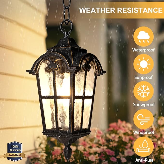 Outdoor Pendant Light Dusk to Dawn for Porch,Anti-Rust Aluminum Outdoor Chandelier, Waterproof Exterior Hanging Lighting Fixtures for Front Door, Gazebo, Black Finish with Gold Edges