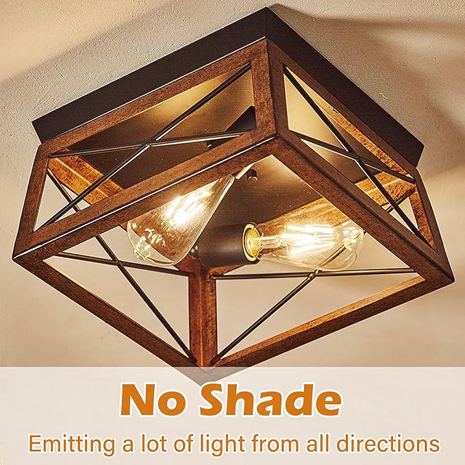 Pia Ricco Farmhouse Flush Mount Ceiling Light Fixture, Outdoor Porch Ceiling Lights, Rustic Industrial Style Square Close to Ceiling Light for Entry, Hallway, Kitchen, Patio, 2-Light, Brown
