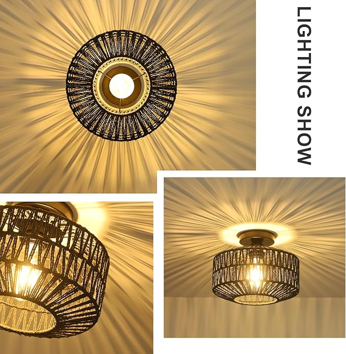 Rattan Light Fixtures Ceiling Mount,Boho Ceiling Light Fixture with Dimmable LED Bulb，Mini Hand Woven Rattan Chandelier Light Fixtures Ceiling for Bedroom Kitchen Entryway Living Room Hallway（Black）