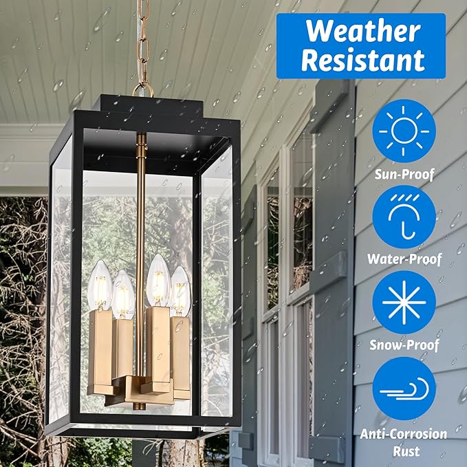 MELUCEE Large Outdoor Lantern Pendant Lights Outdoor Chandelier Black Brass, 4-Light Farmhouse Pendant Light Exterior Ceiling Mount Hanging Lantern with Clear Glass for Porch Entrance Gazebo