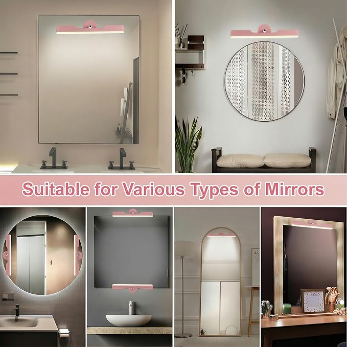 Benreom 2 Pack Wireless Vanity Lights for Mirror, Rechargeable Battery Operated Makeup Light, Adjustable Light Bar, Magnetic Stick on LED Lighting Bathroom Decor Accessories, Pink