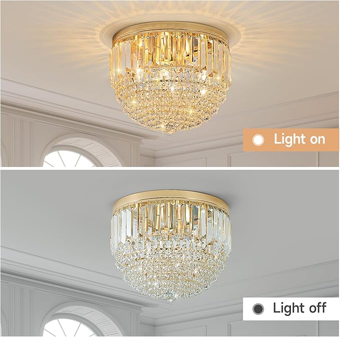 YMP&YZX Modern French Gold Crystal Chandelier Ceiling Light,15.7" Semi Flush Mount 5-Lights LED Crystal Round Chandelier Light E12 Base for Bedroom Living Room