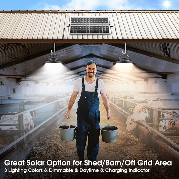 Solar Shed Lights Indoor 2 Pack, 3200K/4000K/6000K Dimmable Daytime Available Pendant Lights Outdoor with ON Off Switch & Remote Solar Powered Hanging Chandelier Lights for Home Barn Garage