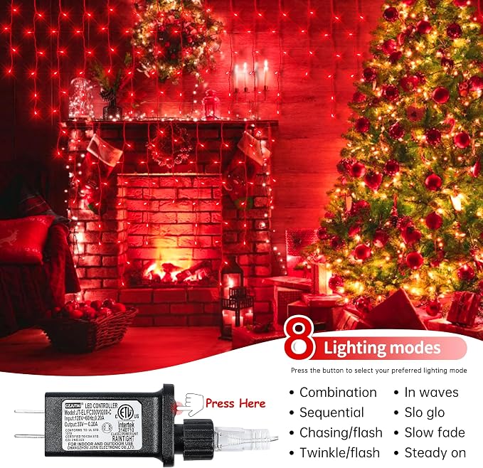 Christmas Icicle Lights Outdoor,300LED 33FT Christmas String Lights,Connectable Valentine's Day Lights with 30V Plug in for Valentine Wedding Party Eave Garden Wall Indoor Decor, Red