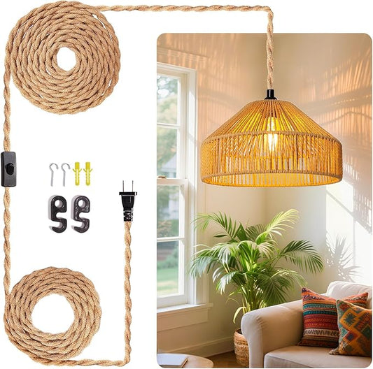 Maliralt Hanging Lamps Rattan Pendant Light Hanging Lights 16.4ft Plug in Cord Pendant Light Fixture Plug Into Wall Outlet Pendant Lighting with On Off Switch for Bedroom Living (Mongolian Yurt)