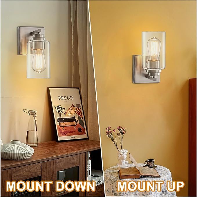 Pia Ricco Wall Sconces Set of 2, Bedside Wall Lamp with Switch for Bedroom, Modern Bathroom Light Fixture with Clear Glass Shade, Brushed Nickel Sconces Wall Lights for Living Room, Hallway, Kitchen
