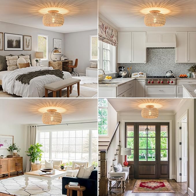 13 Inch Rattan Flush Mount Ceiling Lights Farmhouse Boho Ceiling Light Fixtures Rustic Wicker Hand Woven Rope Cage for Dining Room Kitchen Bedroom Foyer Hallway Entryway
