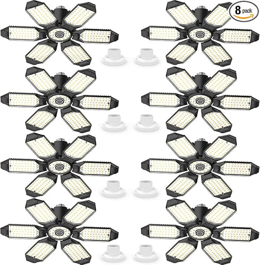 Led Garage Lights 8 Pack 200W Super Bright Ceiling Led Shop Lights, E26/E27 Base, 6500K, 22000LM Deformable Garage Light Ideal for Basement, Attic and Workshop Commercial Bay Lighting