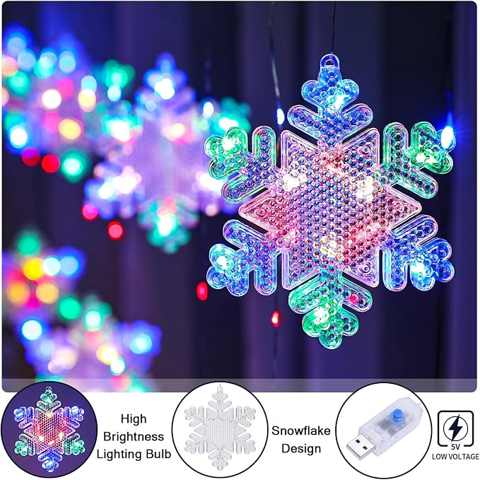 BLOOMWIN Christmas Fairy Curtain Lights 9.8ft Snowflake Lights USB Christmas Indoor Decorations 204LEDs Twinkle Lights with Remote for Bedroom Xmas - Colorful