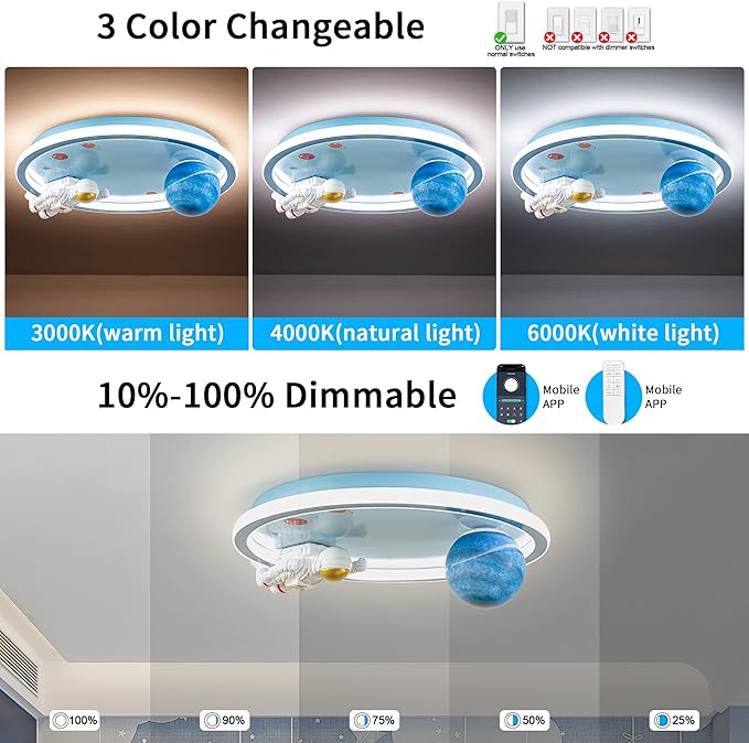 Astronaut Ceiling Light Fixture 20" Dimmable Kids Flush Mount Ceiling Lights for Bedroom LED Chandelier 3000K-6000K with Remote Children Ceiling Lamp for Kitchen,Nursery Room