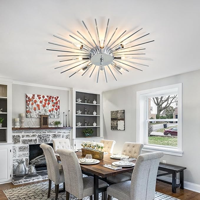 ZGLAOJT Semi Flush Mount 8 Light Ceiling Light Modern Metal Ceiling Lighting Chrome Light Fixture Chandelier for Farmhouse Kitchen Dining Room Bedroom Hallway Living Room
