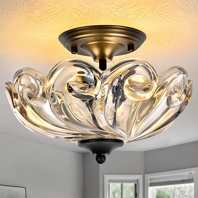 HuixuTe Modern Semi Flush Mount Ceiling Light, 3-Light Black Close to Ceiling Light Fixture with Cognac Glass Shade for Bedroom Living Room Entryway