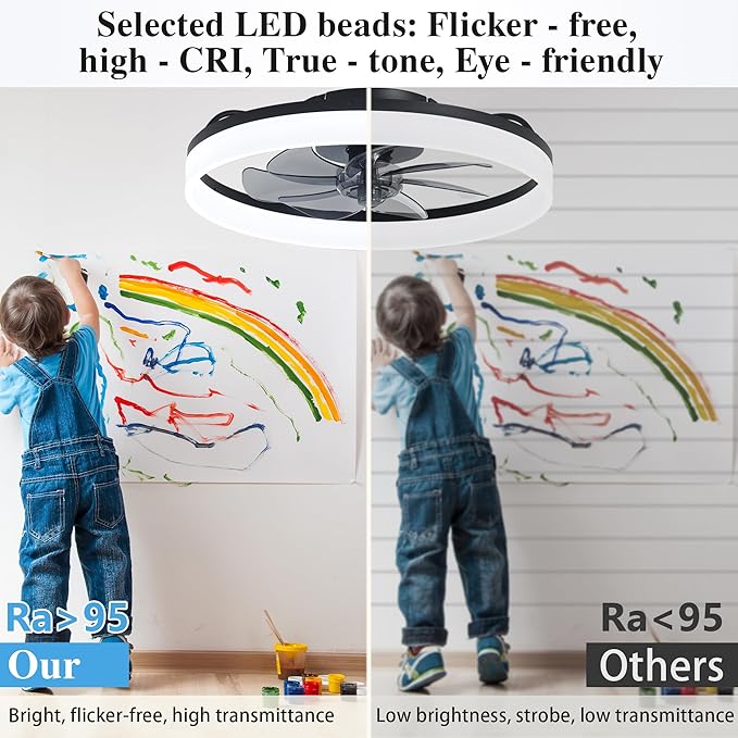 Ceiling Fans with Remote and Lights Fandelier - 20'' Low Profile Flush Mount Modern Black Ceiling Fans for Bedroom - 6 Speeds and Stepless Color Temperature Change