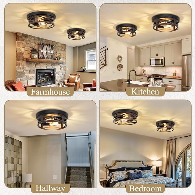 Flush Mount Ceiling Light Fixture,Vintage Metal Black 2-Light Hallway Light Fixtures Ceiling,Rustic Retro Light Fixtures Ceiling Mount for Farmhouse,Kitchen,Hall (2 Pack)