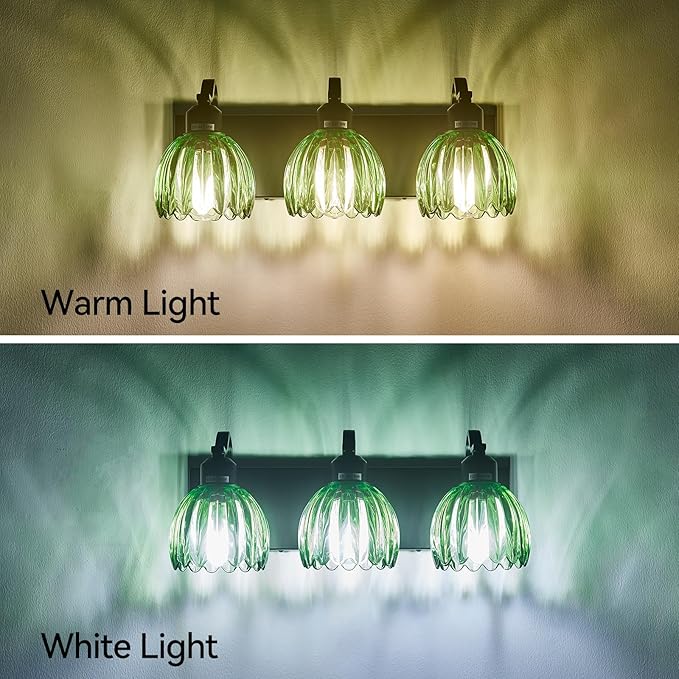 3-Light Black Vanity Lights with Green Tulip Glass Shade, Bathroom Lighting Fixture Over Mirror, Vintage Vanity Wall Sconce Lamp for Kitchen Living Room Hallway