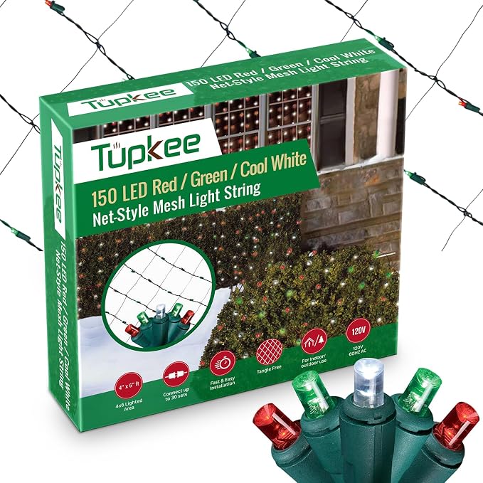 Christmas Light Net – 150 LED Red, Green & Cool-White Mesh Lights - 4 ft x 6 ft – Outdoor/Indoor – Net Lights for Bushes, Hedges or Trees
