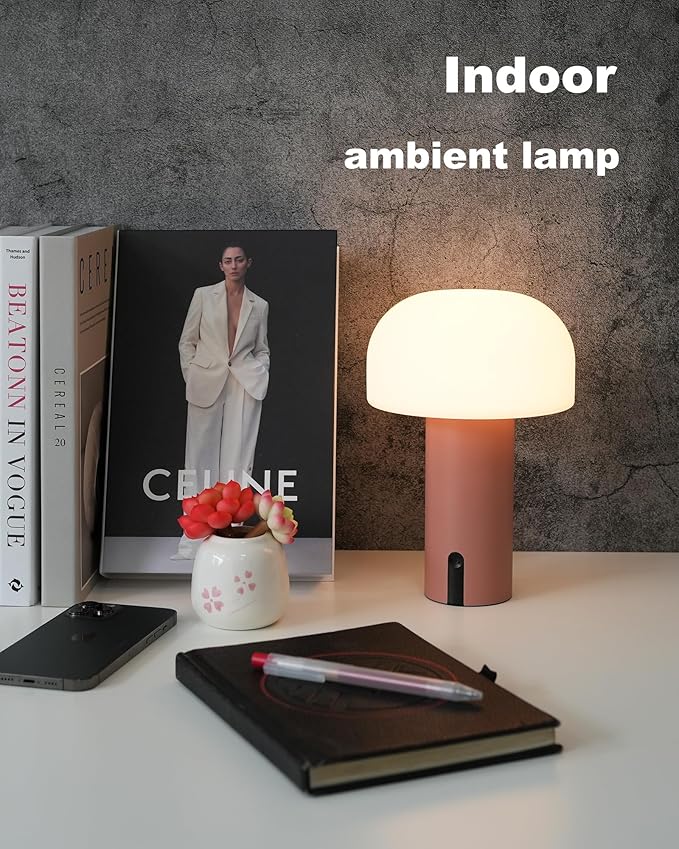 WEILAILUX Cordless Mushroom Table Lamp, Waterproof Shower Lamp, Battery Operated Table Lamp Rechargeable, Touch Dimmable Night Light for Bedroom/Patio/Camping/Dinning/Outdoor (Pink)