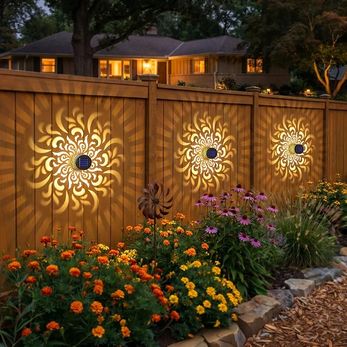 Solar Fence Lights 2 Pack Outdoor Deck Step Wall Lights Metal Waterproof LED Warm Yellow Light for Garden Post Patio Backyard Yard Decor (Mandala-5, 2)
