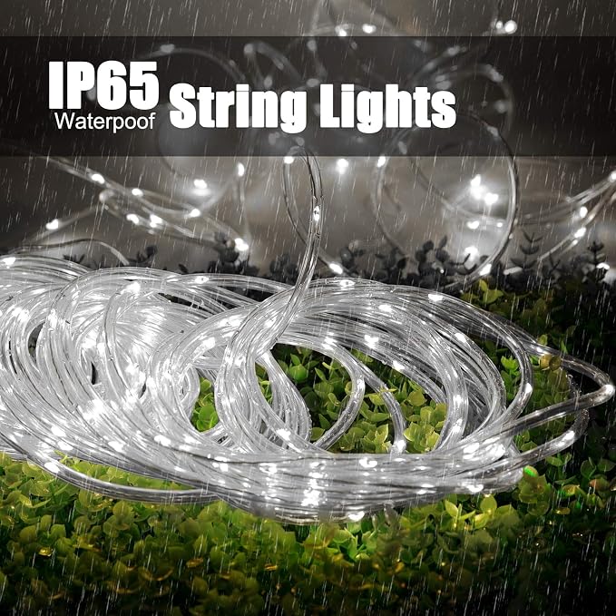 Brightown 2-Pack 39FT 100LED Solar Rope Lights, Solar Outdoor Lights IP65 Waterproof Solar Powered Fairy Lights with 8 Lighting Modes for Party Garden Yard Home Holiday Tree Decoration, Pure White
