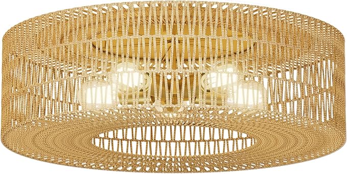 ROOMTEC 24" Rattan Flush Mount Ceiling Light, 5-Light Ceiling Fixture with Bulbs Included, Boho Woven Natural Fiber Dining Room Light for Bedroom Living Room Kitchen