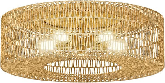 ROOMTEC 24" Rattan Flush Mount Ceiling Light, 5-Light Ceiling Fixture with Bulbs Included, Boho Woven Natural Fiber Dining Room Light for Bedroom Living Room Kitchen