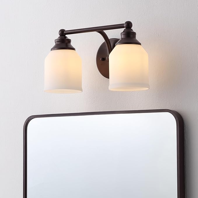 JONATHAN Y 14" Oil Rubbed Bronze/White Modern Farmhouse LED Vanity Light Wall Sconce Fixture, Frosted White Glass Shade, Dimmable Wall Lamp for Bathroom Mirror Kitchen Sink, UL Listed (JYL7550C)