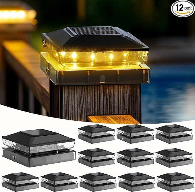 KEILAIMO Solar Post Cap Lights, 12-Pack Upgraded Outdoor Deck Fence Post Solar Lights for 4x4 5x5 Wood/Vinyl Posts, IP65 Waterproof, 10-12 Hours Warm White Glow for Garden/Patio/Porch - Black