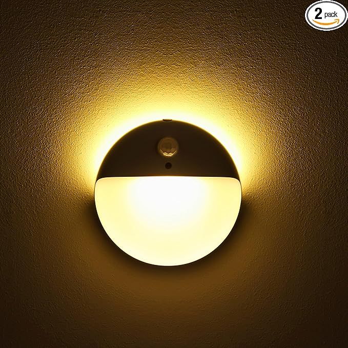 YUNLEX 2 Pack Motion Sensor Night Light, Gold Yellow, 3 Lighting Modes, Stepless Dimming, Battery-Powered, Dimmable LED, Suitable for Bedroom, Bathroom, Stairs, Corridors, Closets