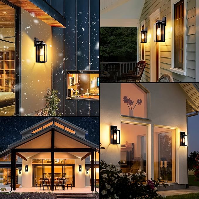 BesLowe Outdoor Wall Light Fixtures, Exterior Waterproof Wall Lanterns, Porch Sconces Wall Mounted Lighting with Glass Shades, Modern Wall Lamps for Garage Front Door Entryway, Black with Gold Trim