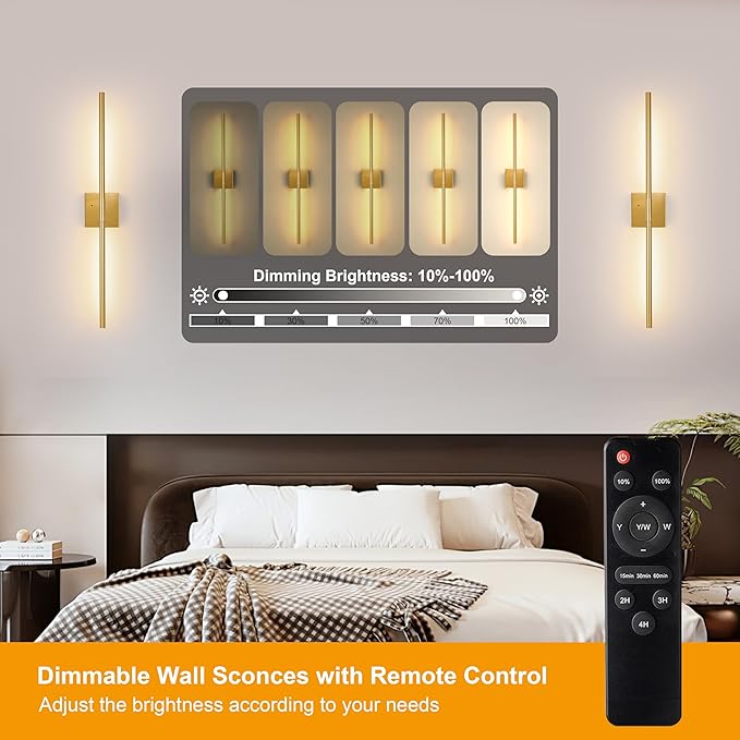 Morauroral 30″ Gold Battery Operated Wall Sconces Set of 2, Dimmable Wall Sconces with Remote Control, Rechargeable Sconces Wall Lighting, LED Wireless Wall Lights for Bedroom, Living Room, Bathroom