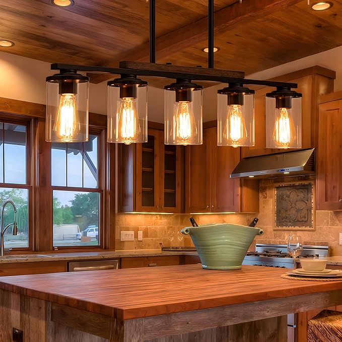 Farmhouse Dining Room Light Fixture, 2026 Upgrade 5-Light Pendant Lights Kitchen Island Lighting, 32.4" Black Farmhouse Chandeliers for Dining Room Chandelier Over Table with Wood Clear Glass Shade