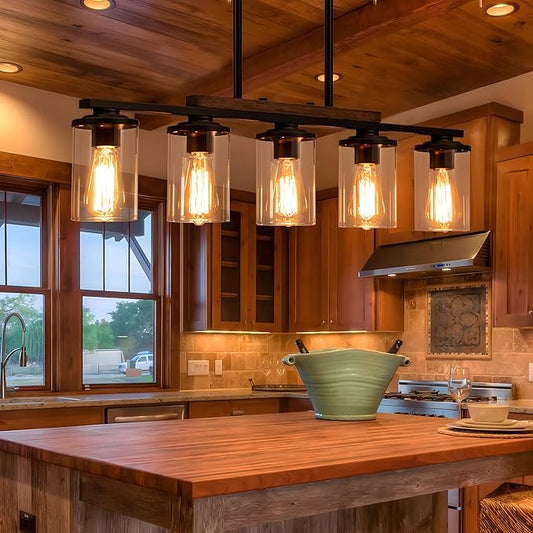 Farmhouse Dining Room Light Fixture, 2026 Upgrade 5-Light Pendant Lights Kitchen Island Lighting, 32.4" Black Farmhouse Chandeliers for Dining Room Chandelier Over Table with Wood Clear Glass Shade