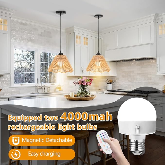 Boho Battery Operated Pendant Lights,Rechargeable Pendant Light with Remote,Rattan Pendant Light Fixtures for Kitchen Island,Boho Hanging Lights for Dining Room Bedroom Hallway Entryway(2 Pack)