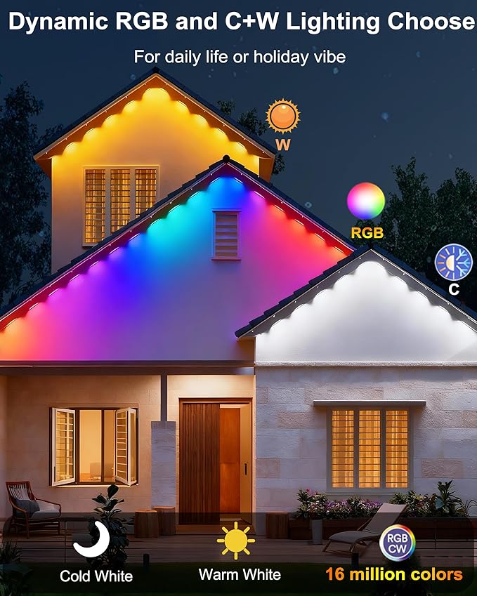 RGBCW Permanent Outdoor Lights,108 Scene Modes Smart Outdoor Christmas Lights with Voice Remote APP Control, IP68 LED Eaves Lighting for Halloween Party, Daily Garden Decor (120LED 200FT)