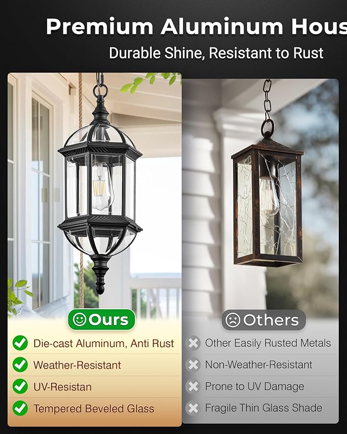 VIANIS 20" Large Dusk to Dawn Outdoor Hanging Lights, Black Outside Pendant Light, Waterproof Exterior Ceiling Lights for Patio, Porch, Entryway, Anti-Rust Adjustable Length Chandelier, Hardwired